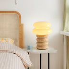 Cream Glass Mushroom Table Lamp with Donut Ash Wood Base
