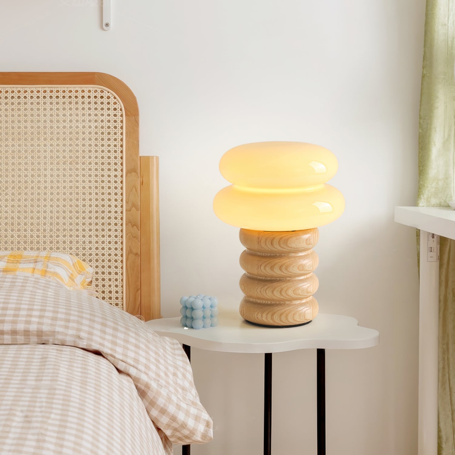 Cream Glass Mushroom Table Lamp with Donut Ash Wood Base