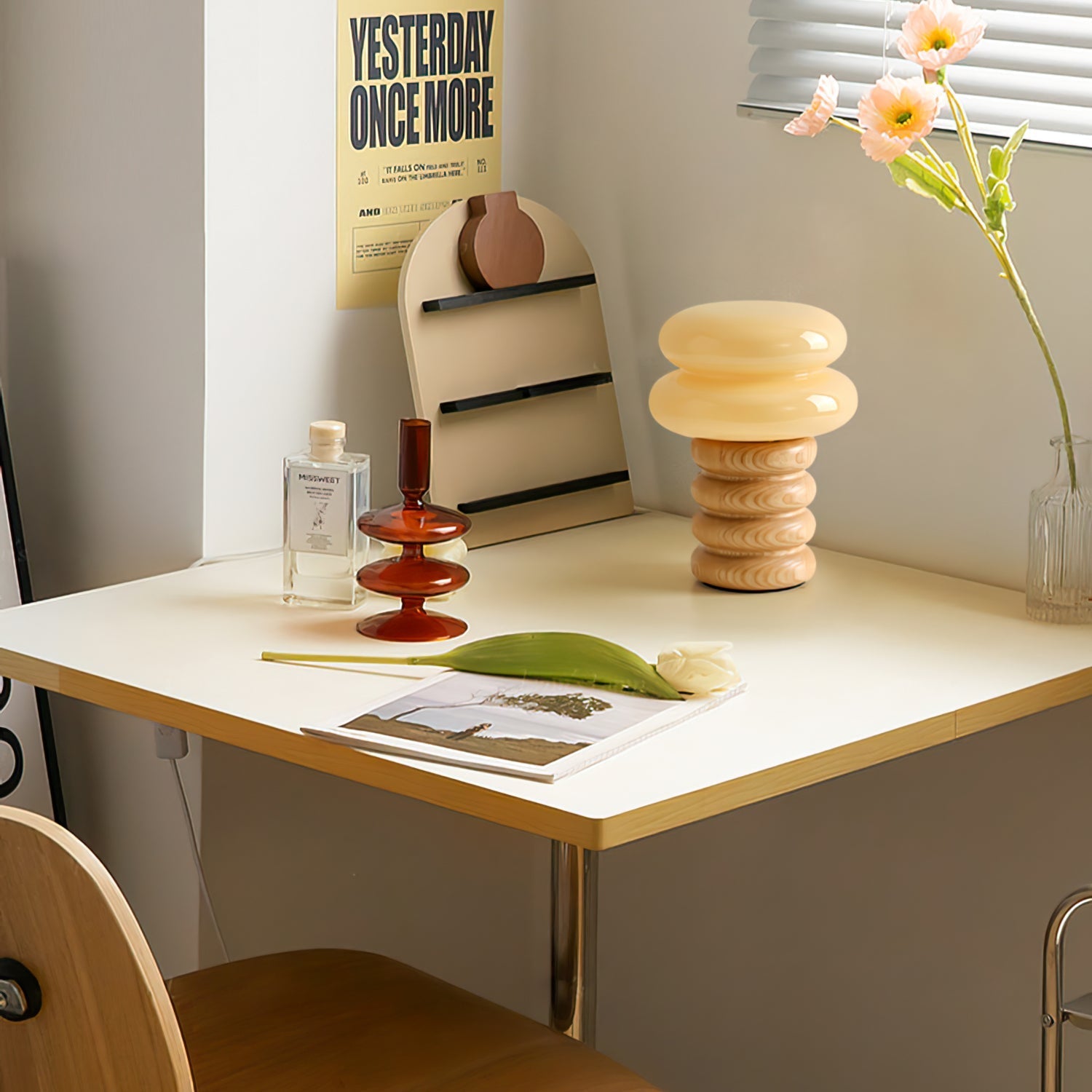 Cream Glass Mushroom Table Lamp with Donut Ash Wood Base