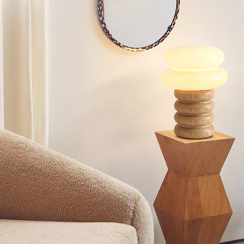 Cream Glass Mushroom Table Lamp with Donut Ash Wood Base