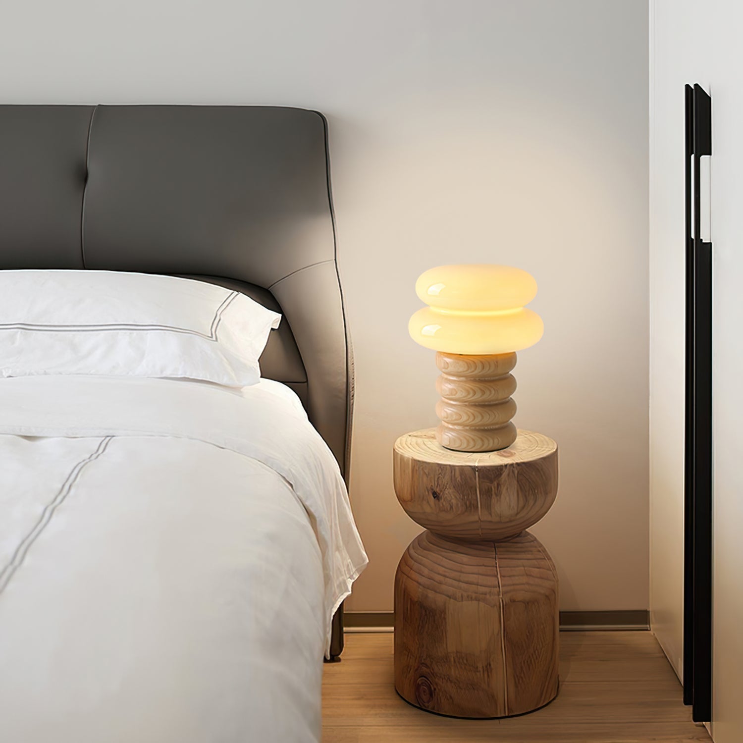 Cream Glass Mushroom Table Lamp with Donut Ash Wood Base