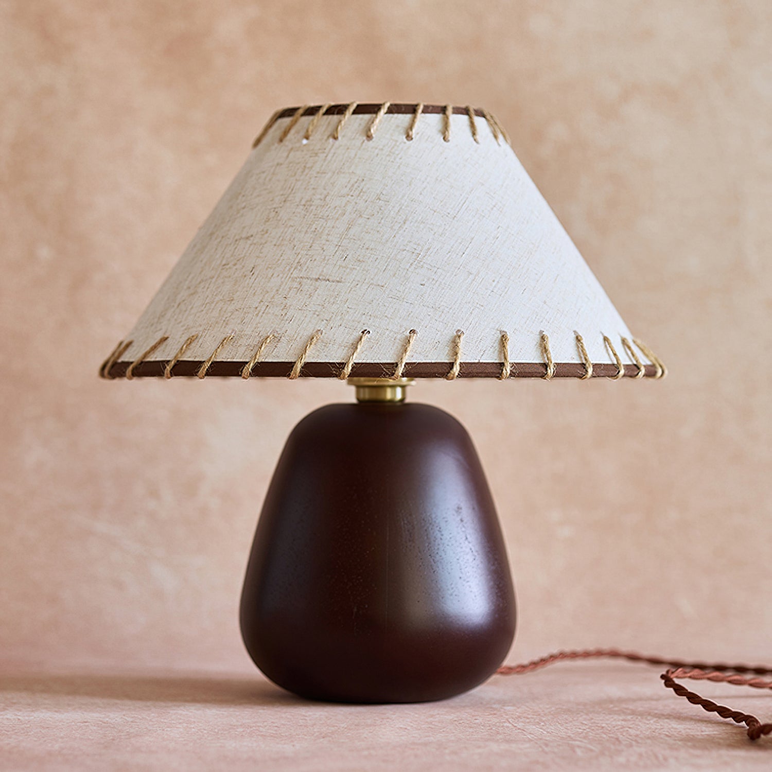 Rustic Walnut Wood Table Lamp with Linen Shade and Rope Stitch Detail