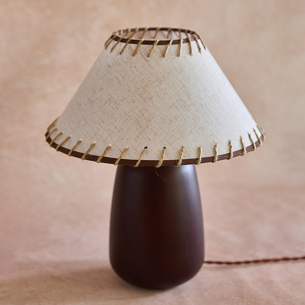 Rustic Walnut Wood Table Lamp with Linen Shade and Rope Stitch Detail