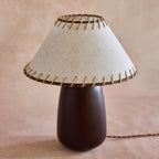 Rustic Walnut Wood Table Lamp with Linen Shade and Rope Stitch Detail