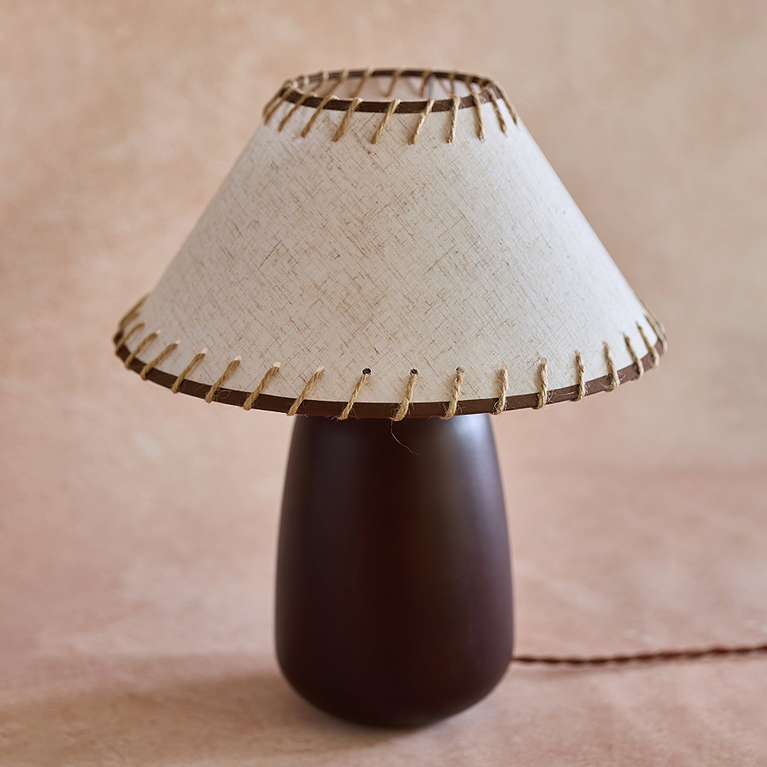 Rustic Walnut Wood Table Lamp with Linen Shade and Rope Stitch Detail