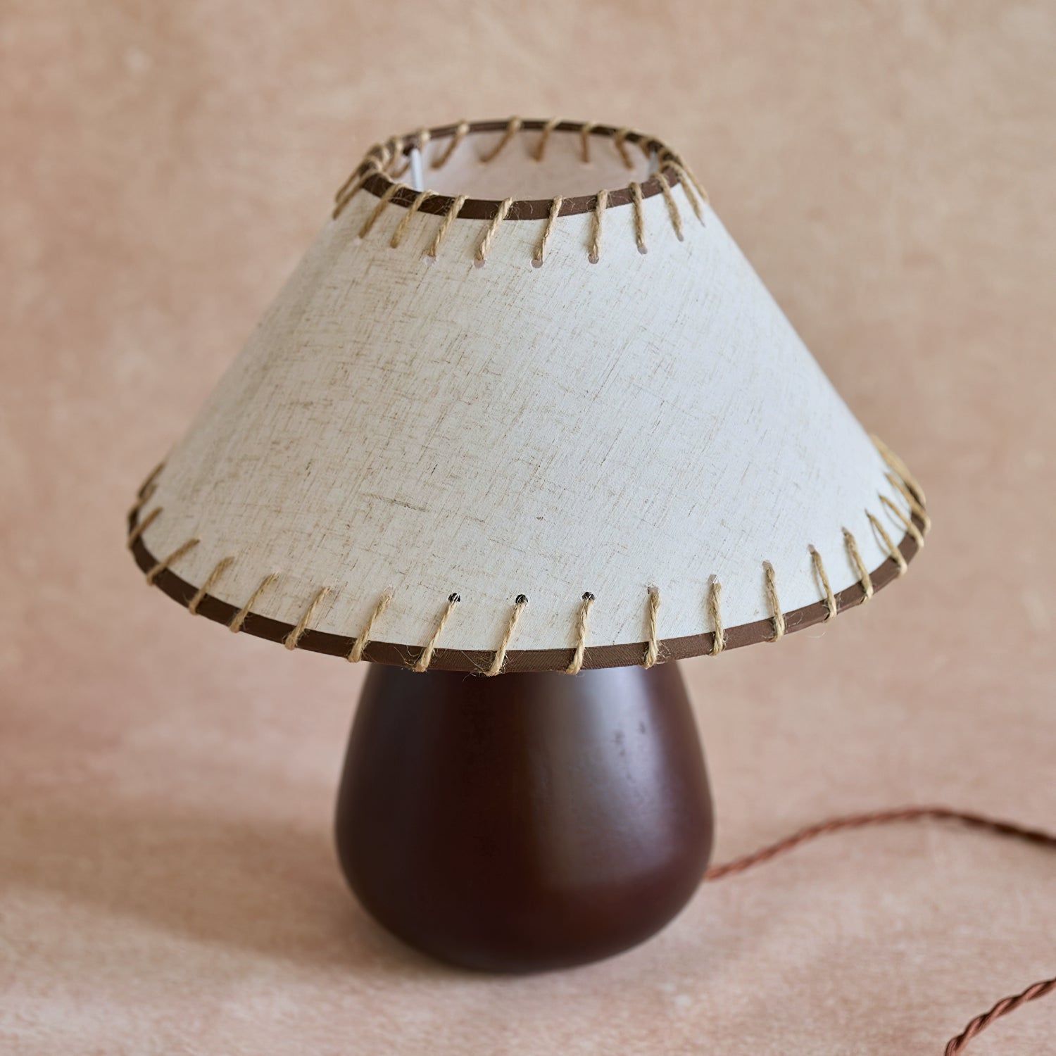Rustic Walnut Wood Table Lamp with Linen Shade and Rope Stitch Detail