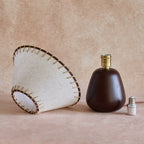 Rustic Walnut Wood Table Lamp with Linen Shade and Rope Stitch Detail