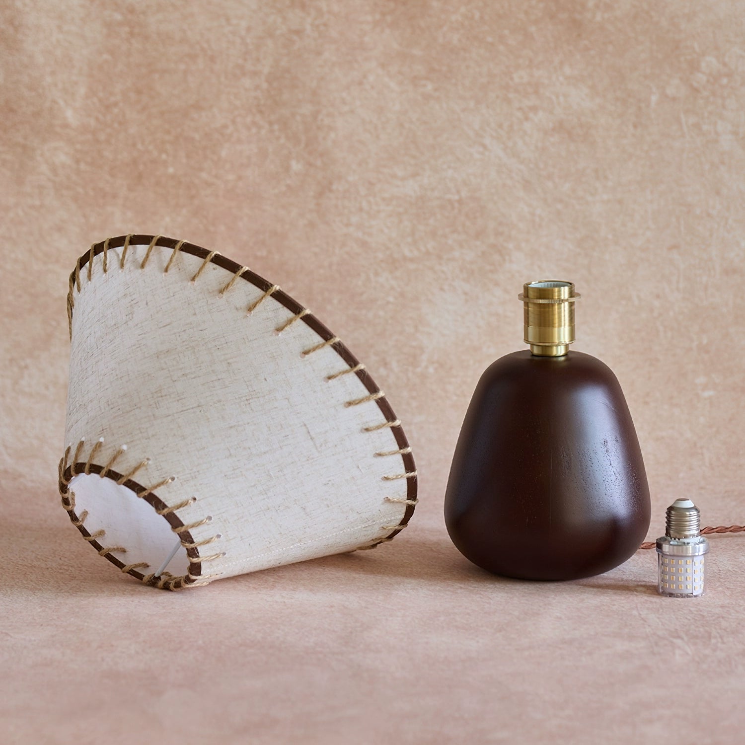 Rustic Walnut Wood Table Lamp with Linen Shade and Rope Stitch Detail