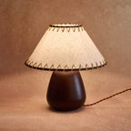Rustic Walnut Wood Table Lamp with Linen Shade and Rope Stitch Detail