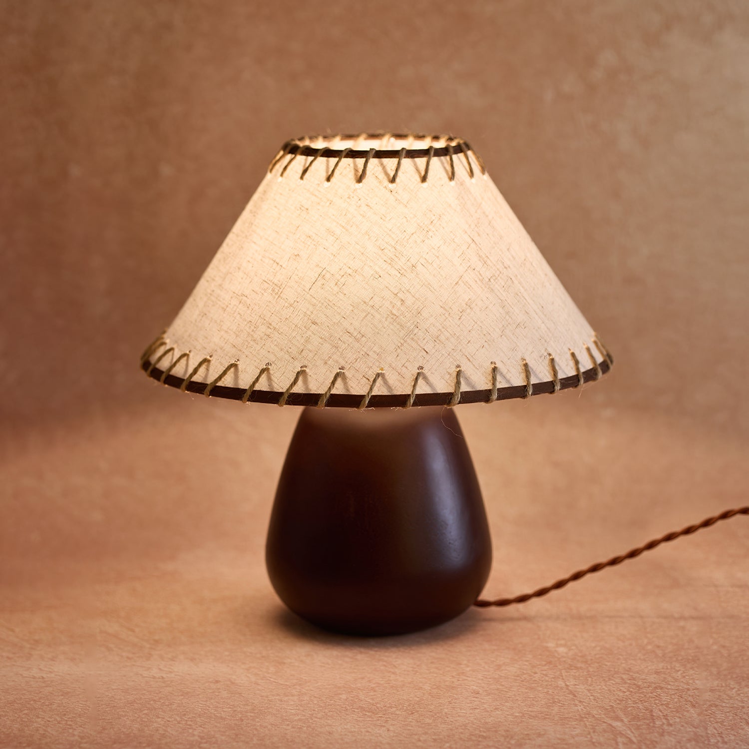 Rustic Walnut Wood Table Lamp with Linen Shade and Rope Stitch Detail