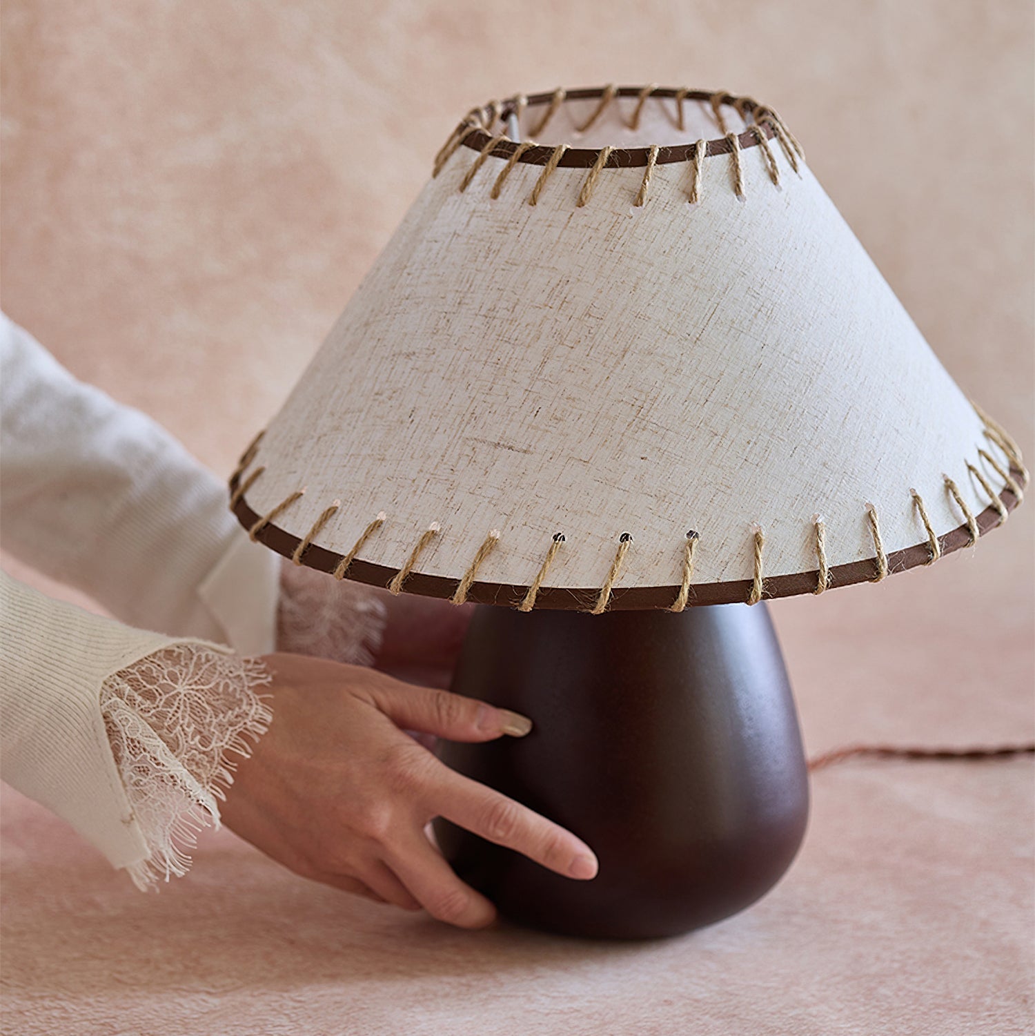 Rustic Walnut Wood Table Lamp with Linen Shade and Rope Stitch Detail