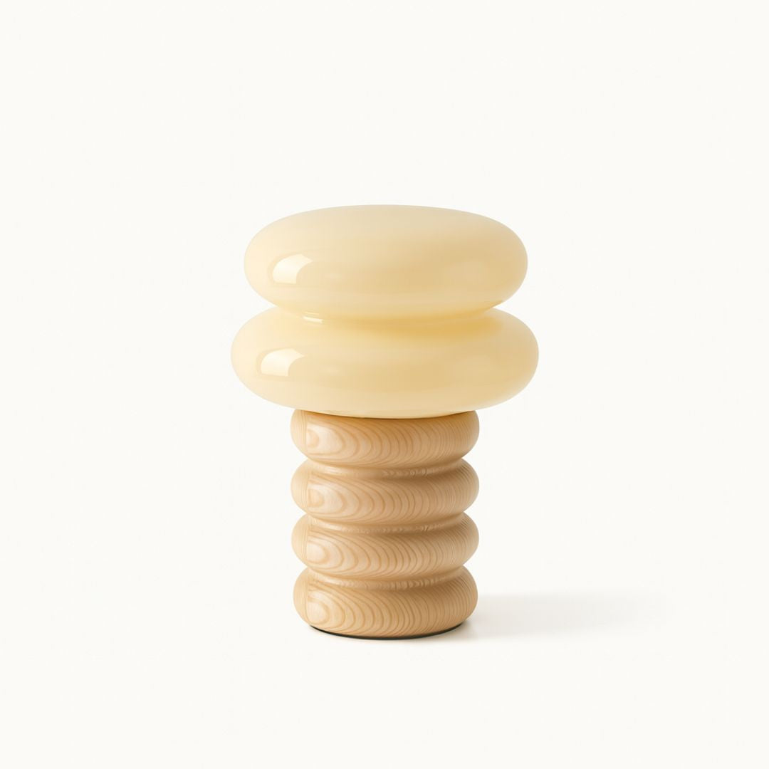 Cream Glass Mushroom Table Lamp with Donut Ash Wood Base